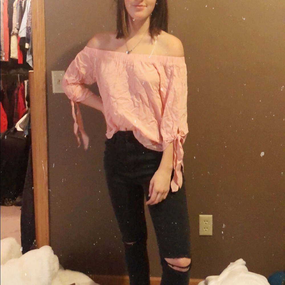 Pink off the shoulder tie sleeve blouse